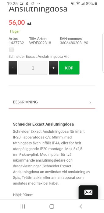 Skärmdump av webbsida som visar Schneider Exxact Anslutningsdosa Vit med beskrivning och köpalternativ.