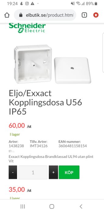 Eljo/Exxact kopplingsdosa U56 IP65 vit med priset och artikelinfo på en webbshop.