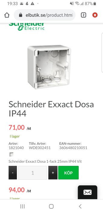 Schneider Exxact dosa IP44 i vit plast för elinstallationer, öppen för kabelinföring.