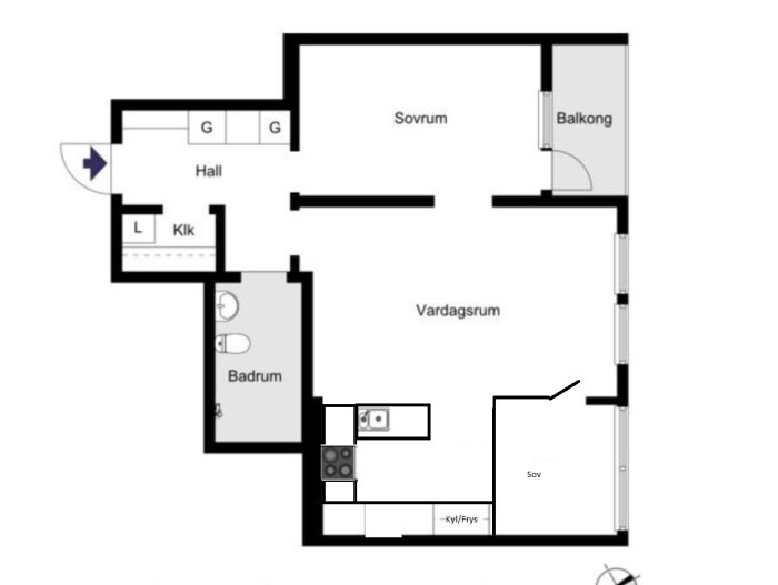 Ritning över lägenhetsombyggnad där matplatsen förvandlas till sovrum och kök öppnas mot vardagsrum.
