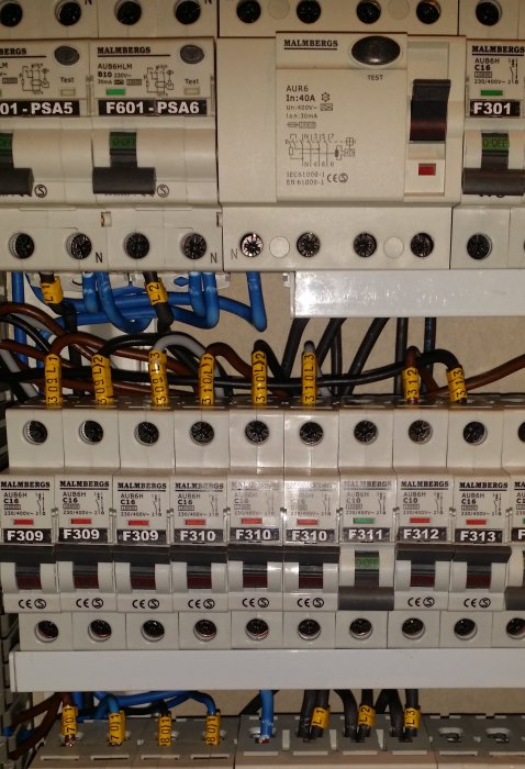 Elcentral med säkringar, kablar och märkning för faserna L1, L2, L3 i ett hemmabruk efter installation.