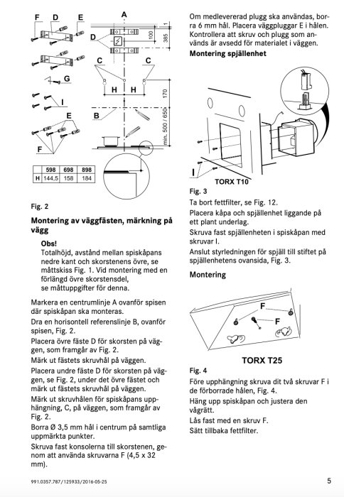 Sida ur en bruksanvisning för montering av en köksfläkt med diagram och textinstruktioner.