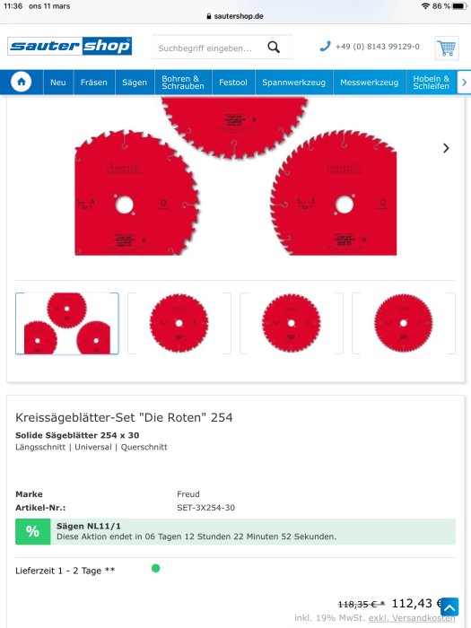 Tre röda Freud cirkelsågblad i olika storlekar erbjuds på Sautershop-webbplatsen för 112,43 euro.