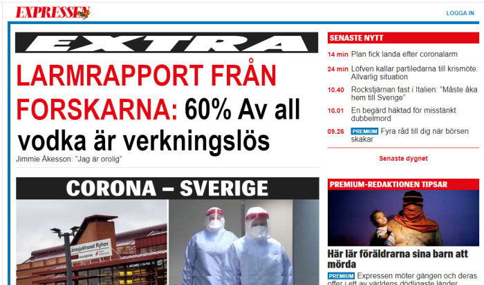 Skärmbild från tidningen Expressen med rubriker om Corona-viruset och ineffektiv vodka.