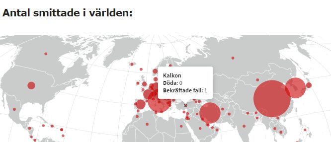 Världskarta med röda prickar som visar antal smittade och döda kalkoner, störst koncentration i Nordamerika.