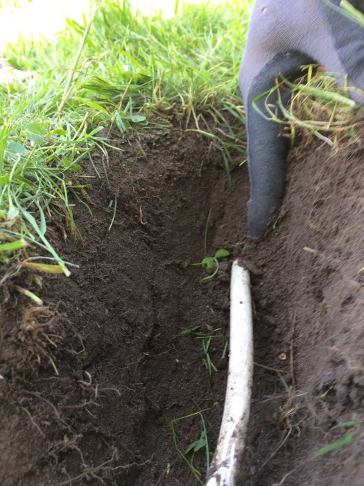 En upphittad elektrisk kabel som blivit exponerad vid grävning intill ett trädäck, med handskklädd hand.