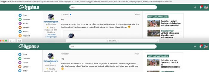 Skärmdump av diskussionsforum på Byggahus.se med användarinlägg om layoutproblem.