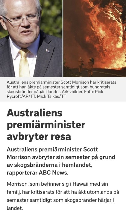 Australiens premiärminister Scott Morrison i kostym och skogbrand med brandmän.
