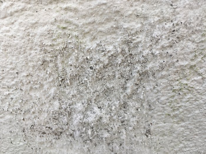 Närbild på en mur med flagande vit silikatfärg och synliga tecken på nötning och skador.