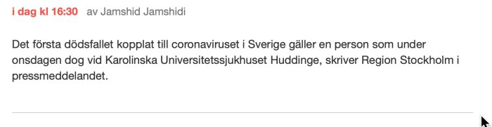 Skärmdump av ett forummeddelande om första dödsfallet kopplat till coronaviruset i Sverige.