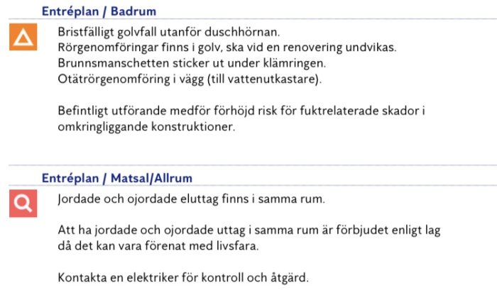 Skärmbild av ett besiktningsprotokoll med varnings- och frågesymboler som listar potentiella problem i badrum och eluttag.