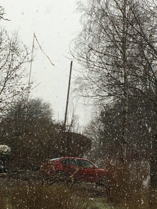 Flaggstång med hissad flagga i trädgård, snöfall, röd bil och träd i bakgrunden.