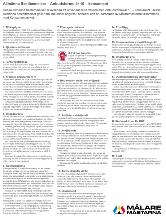 En bild av ett dokument med texten "Allmänna Bestämmelser – Anbudsformulär 10 – konsument" och logon för Målaremästarna.
