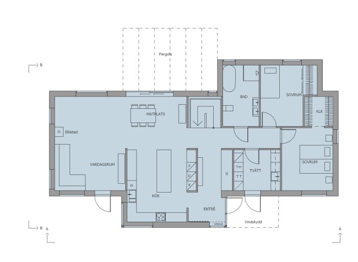 Arkitektritning av enplanshus med markerade hörnfönster, inkluderar vardagsrum, kök, sovrum och badrum.