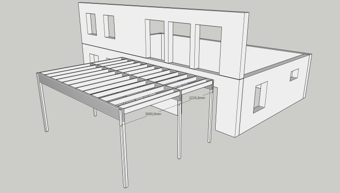 CAD-ritning av en planerad balkong konstruerad för att fungera som en carport, visar balkongens mått.