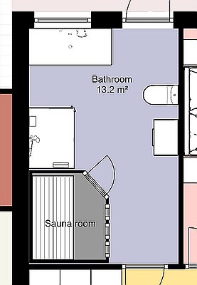 Ritning av ett stort badrum med angiven yta 13.2 m², innehåller bastu, dusch, badkar och andra möbler.