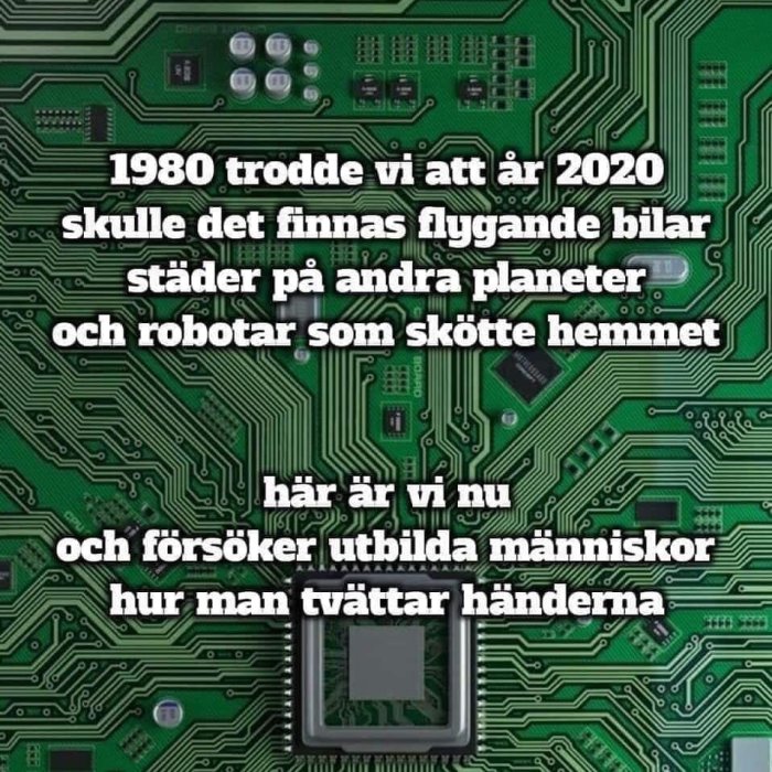 Citat om framtidsförväntningar på en kretskortsbakgrund: 1980 vs 2020 och tvätta händerna.