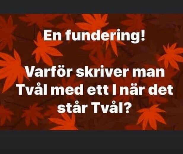 Text på bild med bakgrund av löv: "En fundering! Varför skriver man Tvål med ett l när det står Tvål?