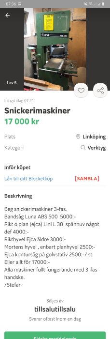 Begagnad bandsåg Luna ABS 500 till salu för byggprojekt i Linköping, visad på Blocket-annons.