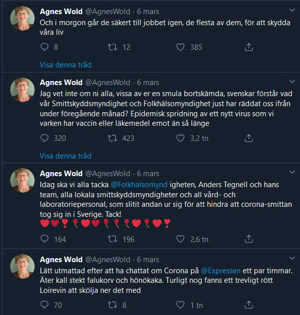 Skärmdump av Twitter-inlägg från Agnes Wold där hon diskuterar smittskydd och coronaspridningen i Sverige.
