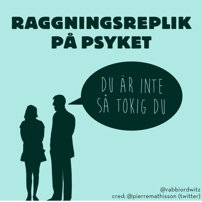 Silhuetter av en man och kvinna framför text "RAGGNINGSREPLIK PÅ PSYKET" och pratbubbla "DU ÄR INTE SÅ TOKIG DU".