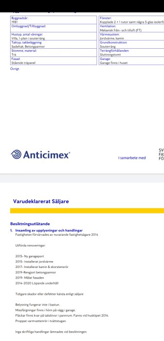 Sida ur besiktningsprotokoll för en fastighet som visar information om byggår, renoveringar och kända brister.