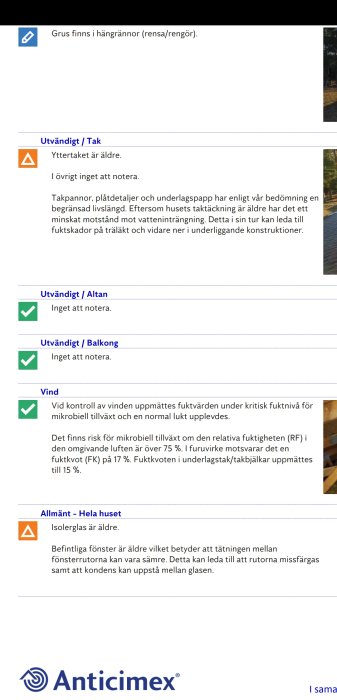 Skärmavbildning av en del av ett besiktningsprotokoll som noterar ålder på tak, risk för mikrobiell tillväxt och äldre isolerglas.