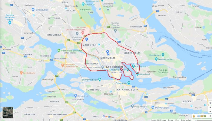 Karta över Stockholm med markerad gräns för cityområdet inom tullarna, inklusive Årstabron.