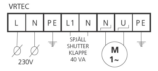 Elkopplingsschema med märkning för 230V, säkringar och en motor ansluten till VTEC-system.