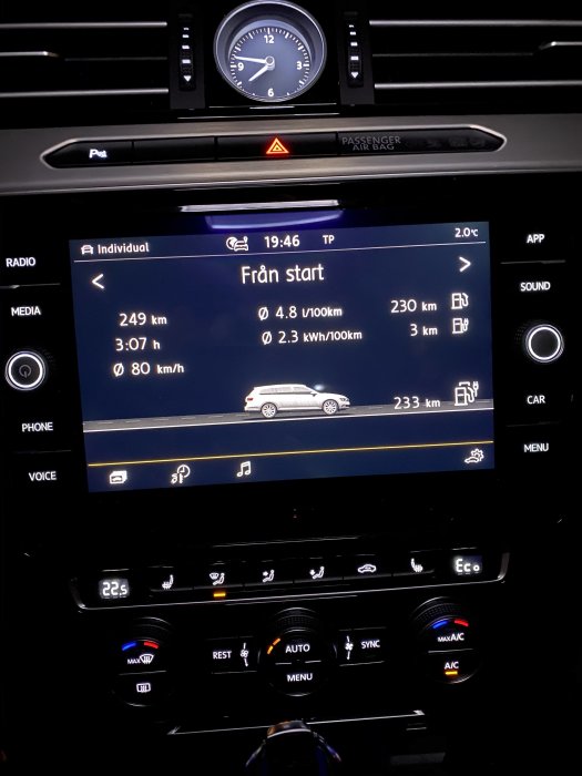 Bilens infotainmentsystem visar 4,8l/100km bränsleförbrukning och kördata från en resa.