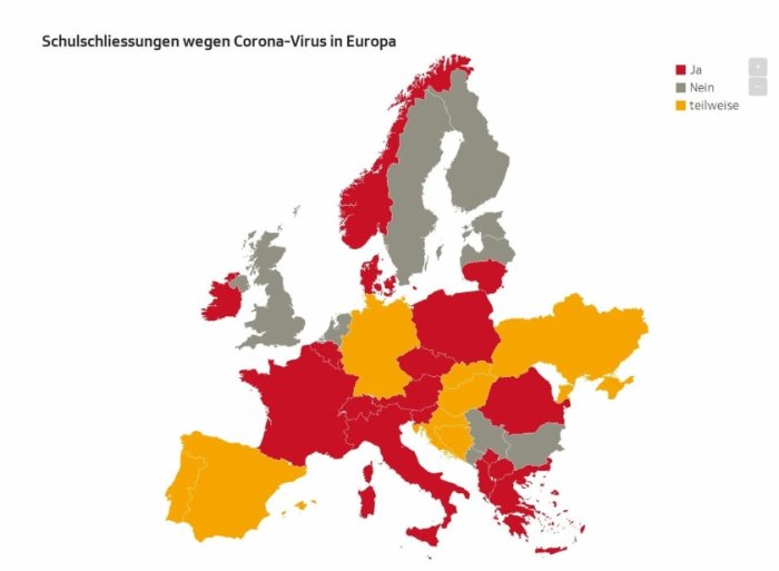 Karta över Europa som visar skolstängningar på grund av coronaviruset, röda och gula länder har åtgärder.