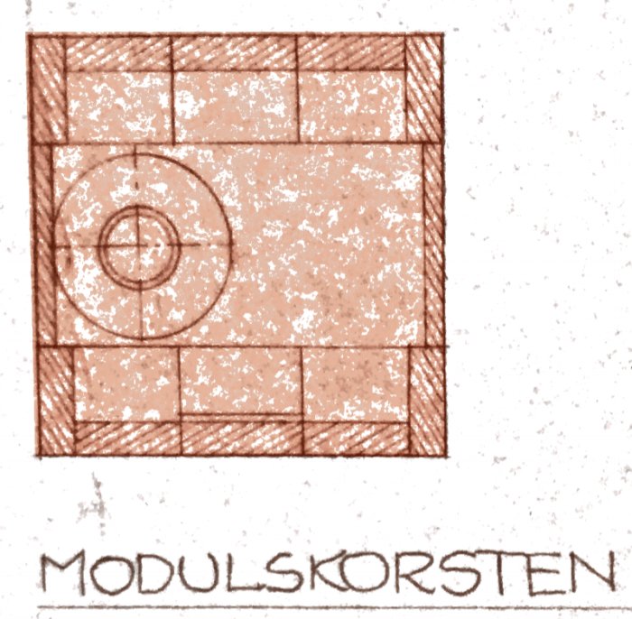 Ritning av en modulskorsten med markerade sektioner och inspektionslucka, betraktad ovanifrån.