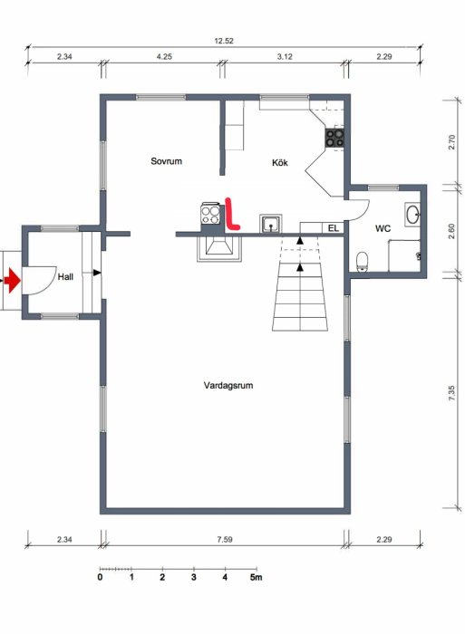 Planritning av en bostad med markerade områden för hall, sovrum, kök, vardagsrum och WC, samt detaljerad skala och måttangivelser.