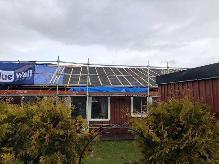 Hustak under konstruktion med regnskydd och takstolar synliga, omgivet av byggnadsställningar.
