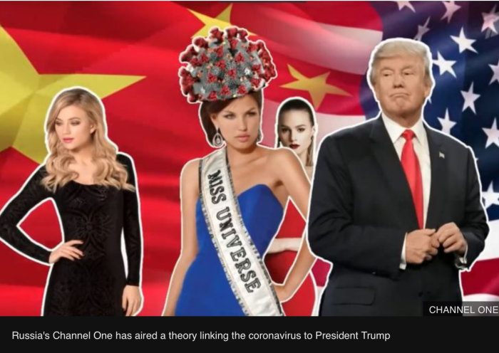Bild med fotomontage av Miss Universum med coronavirus tiara och President Trump framför USA- och Kinaflaggor.