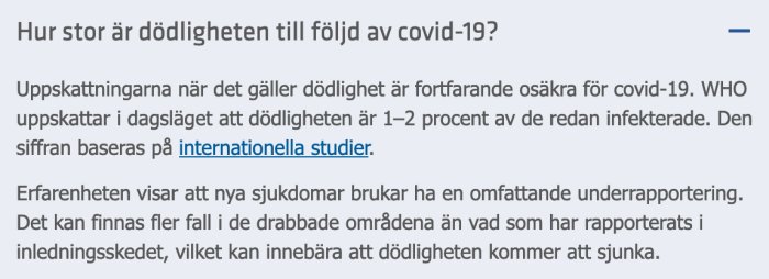 Skärmdump från Folkhälsomyndighetens webbsida om dödligheten för covid-19.