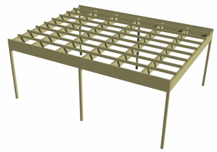 3D-modell av en limträbalk- och spikreglakonstruktion för byggprojekt.