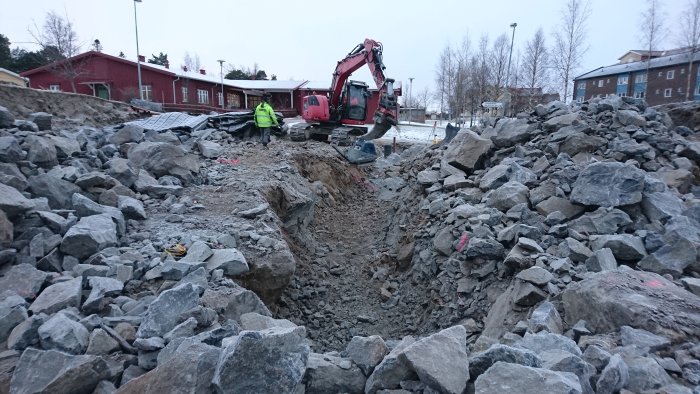 Grävmaskin och arbetare gräver en djup ränna i bergig terräng för att lägga rör.