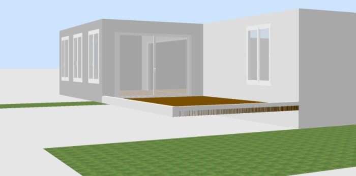 3D-visualisering av hus med planerad altan och grunden synlig, i ett steg i byggprocessen.