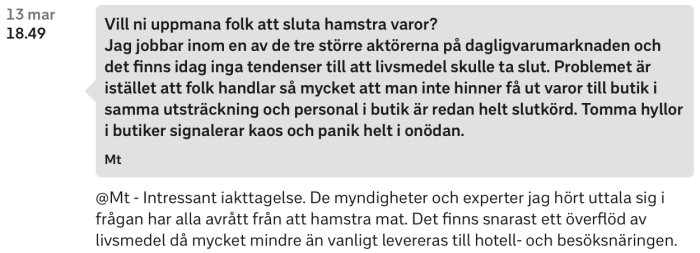Skärmdump av foruminlägg om hamstring av varor med text från två olika användare.