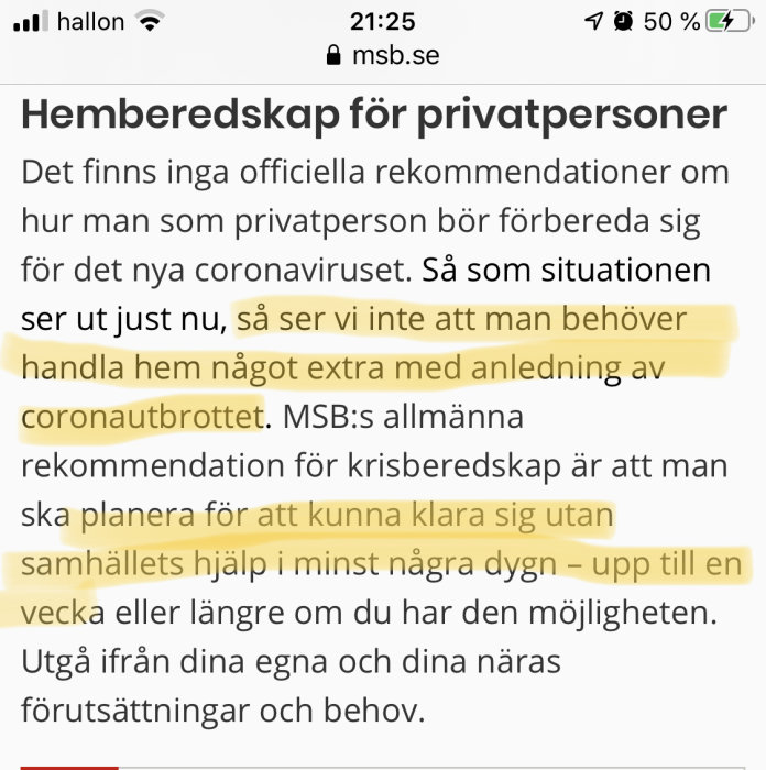 Skärmdump av webbsida med text om hemberedskap gällande coronavirus, höjdpunkter i gul markerar text.