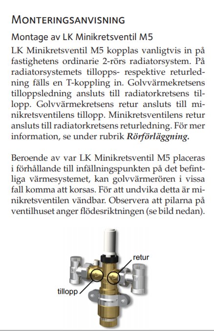 Monteringsanvisning för LK Minikretsventil M5 med pilarnas flödesriktning angiven för tilllopp och retur.