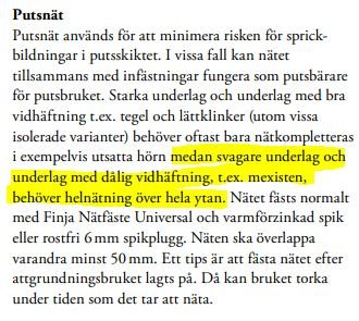 Textutdrag med instruktioner för helnätning med betoning på användning av kramlor i fogen på svaga underlag.