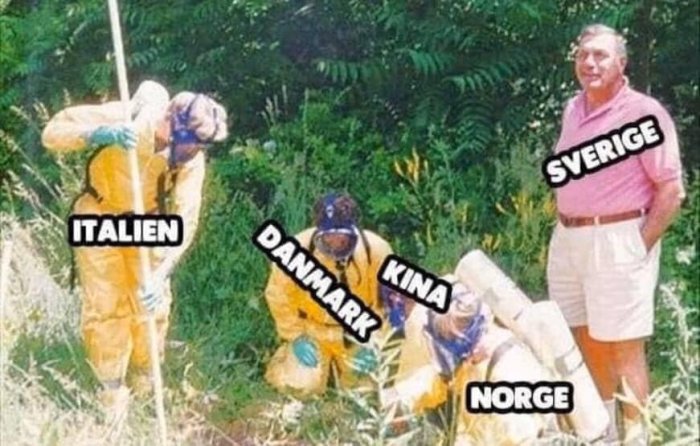 Personer i skyddsdräkter och en man i sommarkläder med landsnamn överlagrat som mem.