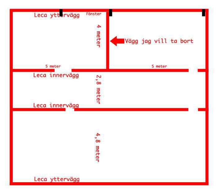 Ritning av ett hus med måttangivelser och markerad vägg som användaren vill ta bort.