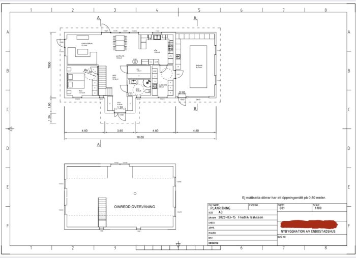 Arkitektonisk ritning av enplanshus med måttangivelser och detaljerad planlösning.