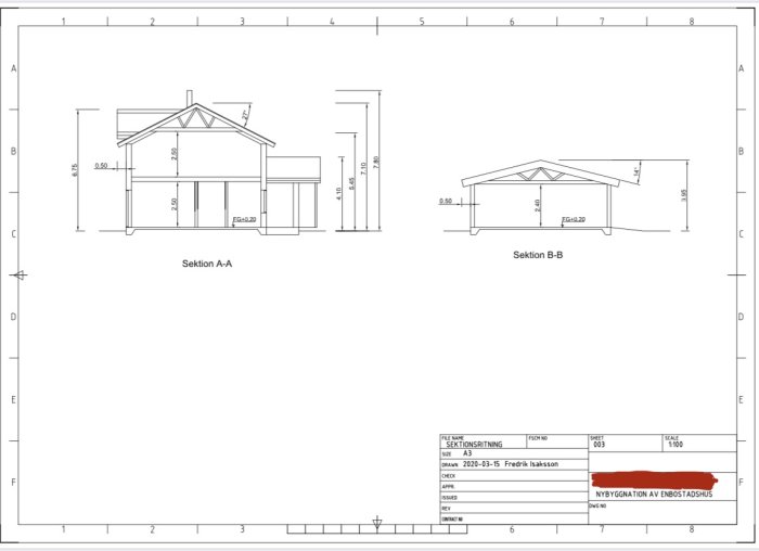 Arkitektritningar av en enbostadshus sektion A-A och B-B med mått och skala noterade, daterade av Fredrik Isaksson.