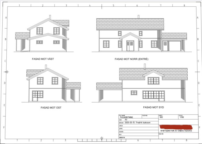 Tekniska ritningar av ett enbostadshus med fyra olika fasadvyer: väst, norr (entré), öst och syd.