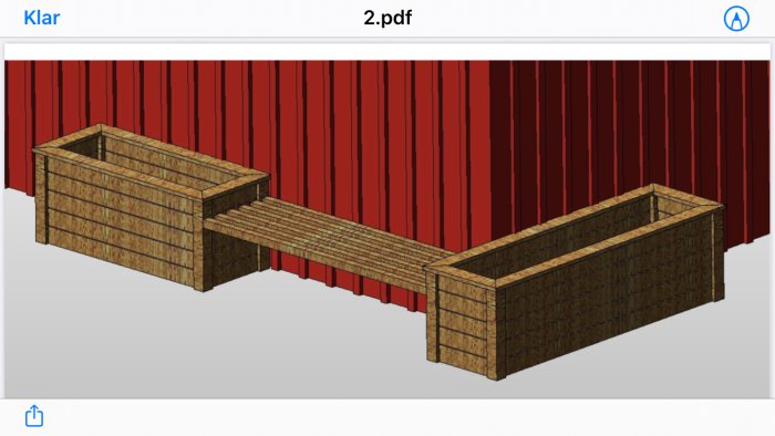 CAD-ritning av två träblomlådor sammanlänkade med en bänk mot en röd ladugårdsvägg.