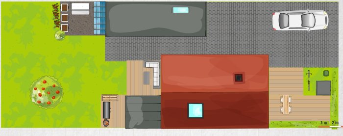 Grovskiss av tomtplanering med hus, trädgård, bil och pool i enlighet med feng shui principer.